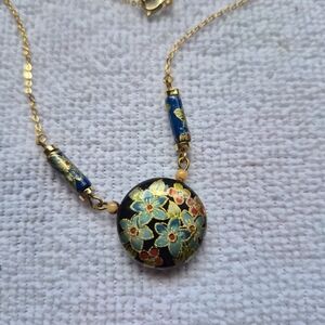 Floral Enamel Pendant Necklace in Gold and Blue